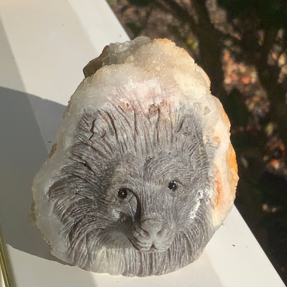 QUARTZ CRYSTAL CLUSTER HAND CARVED LION